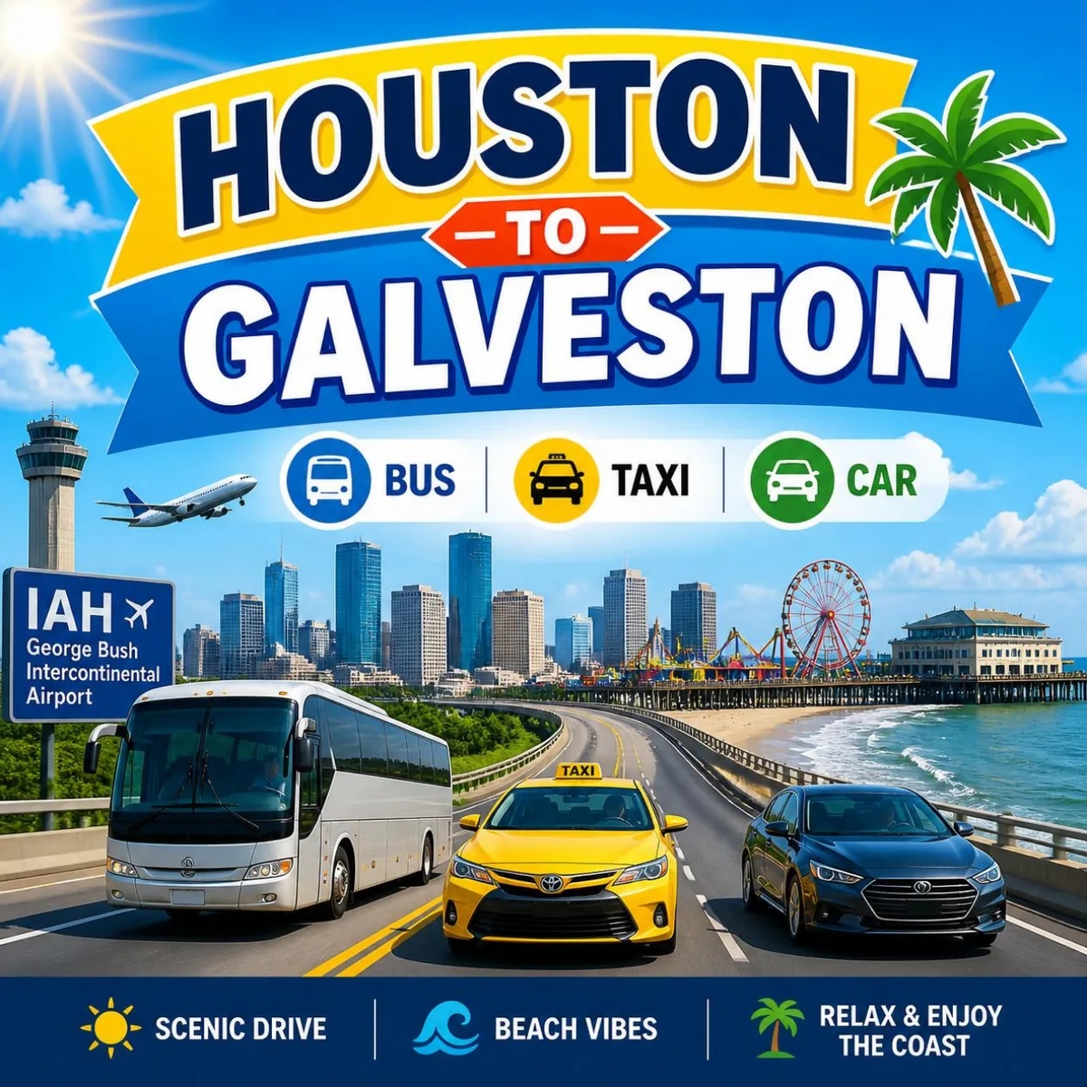 Bus, taxi and private car travelling from Houston to Galveston on I-45 past an IAH George Bush Intercontinental Airport sign, with the downtown Houston skyline and the Galveston Island Pleasure Pier ahead